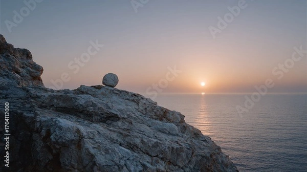 Fototapeta Rock on cliff edge overlooks serene ocean sunset, peaceful natural view
