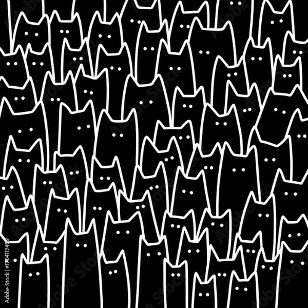 Obraz A seamless vector pattern of hand-drawn black cats in a cute and playful doodle style. 