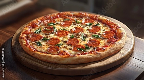 Fototapeta Delectable Pepperoni Pizza on Wooden Serving Board with Appetizing Toppings