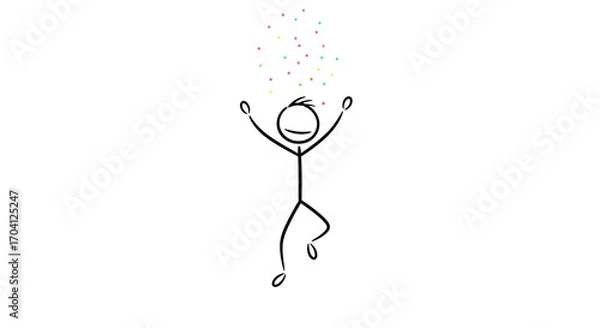 Fototapeta Happy stick figure celebrating success or happiness with arms raised and colorful confetti falling. Simple illustration of joy.