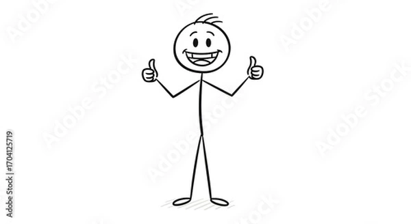 Fototapeta Smiling Stick Figure Giving Double Thumbs Up. Hand Drawn Cartoon Character Showing Approval and Success