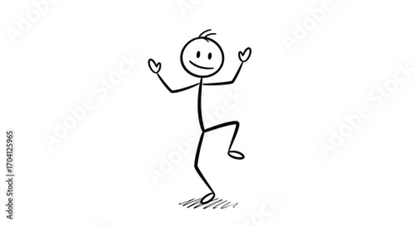 Fototapeta Happy Stick Figure Dancing & Celebrating. Joyful Doodle Character with Raised Arms & One Leg Up. Simple Hand-Drawn Illustration.