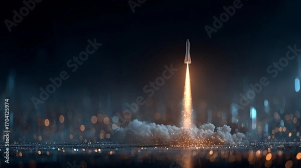 Fototapeta Rocket soars skyward, flames below, blurred cityscape in foreground