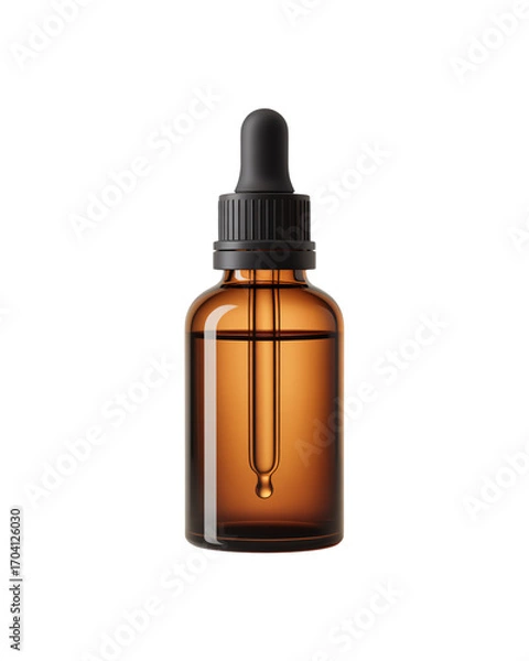 Fototapeta A small, amber-colored glass bottle with a black dropper cap is isolated against a white background.