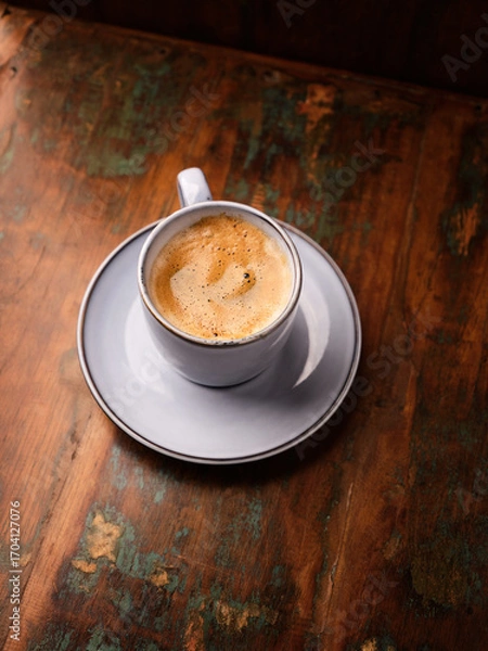 Fototapeta Cup of coffee on rustic wooden background. Soft focus. Copy space	
