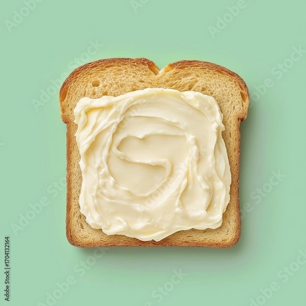 Obraz Toasted bread slice is generously covered with creamy spread, showcasing its smooth texture