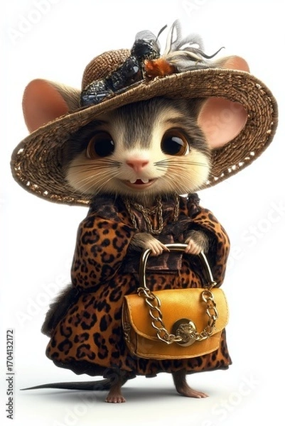 Obraz A chic mouse in a leopard coat and wide-brim hat proudly holds a handbag