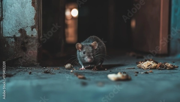 Obraz A small rodent explores the dark floor of an abandoned space, foraging for scraps of food