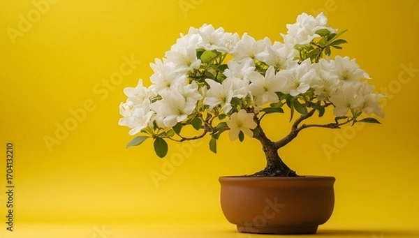 Obraz This bonsai tree has delicate white blossoms, adding nature indoors with a bright yellow background