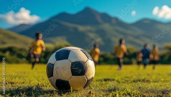 Obraz Players practice soccer on a grassy field with mountains and a clear blue sky surrounding them