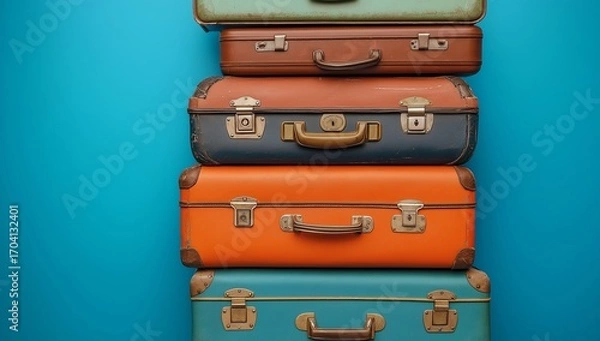 Obraz Colorful old suitcases stand out against a bright blue backdrop, hinting at adventure