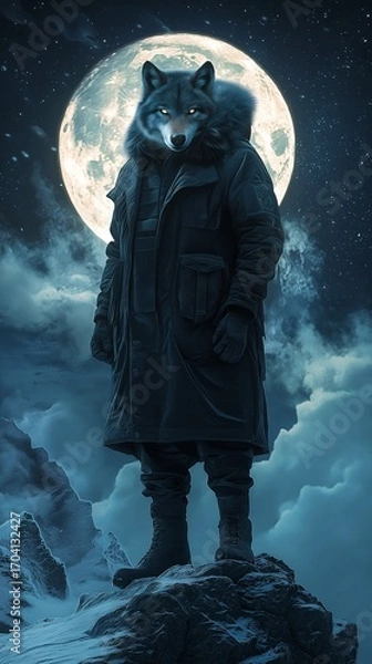 Obraz A figure hybrid of man and wolf stands confidently on a mountain peak at night