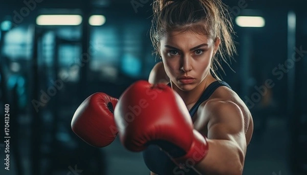 Obraz A determined female boxer practices her punches in a gym, radiating focus and strength