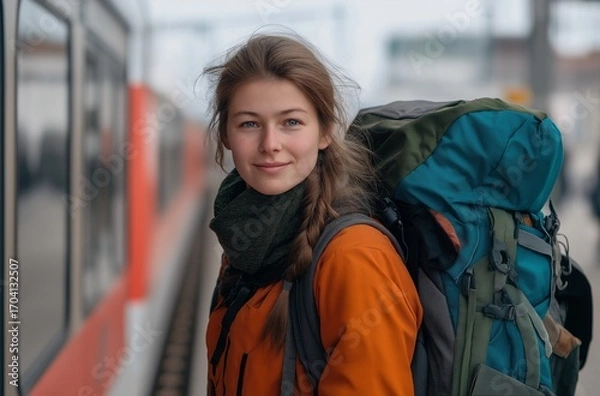 Obraz Traveler stands confidently at train platform wearing an orange jacket, ready for adventure