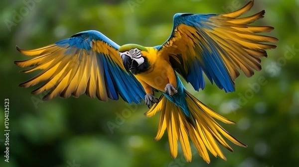 Obraz A vivid macaw glides gracefully through lush greenery, showcasing its vibrant feathers