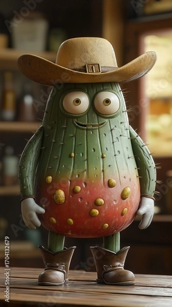 Obraz A unique cactus with human-like features and a cowboy hat poses in a rustic environment