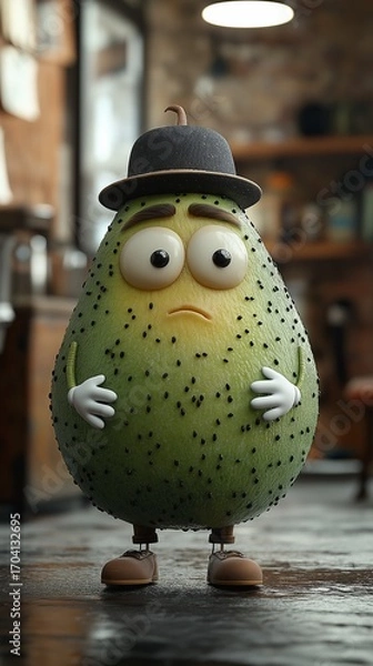 Obraz Aかわいい character resembling an avocado displays a worried expression in a warm setting