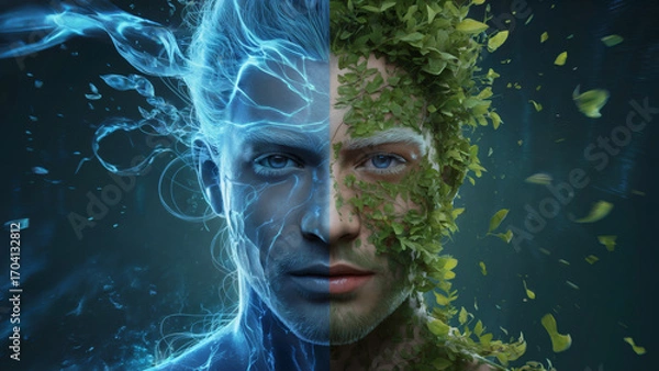 Fototapeta Dual Face Portrait of Ice and Nature Energy in Mystical Digital Art