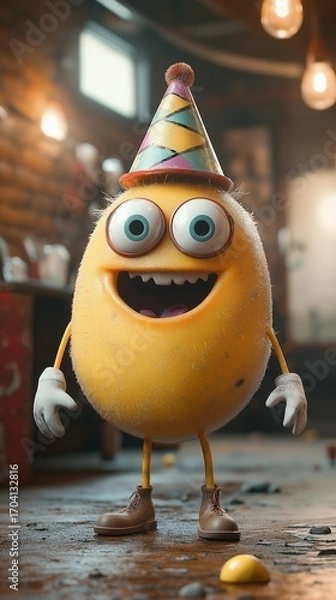Obraz A lively yellow character wearing a party hat celebrates joyfully in a cozy indoor setting