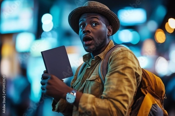 Obraz A man with a surprised expression holds a notebook while walking in a busy urban setting