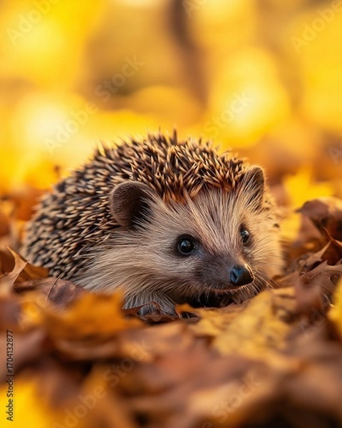 Obraz A hedgehog rests quietly on a bed of vibrant autumn leaves, basking in warm sunlight