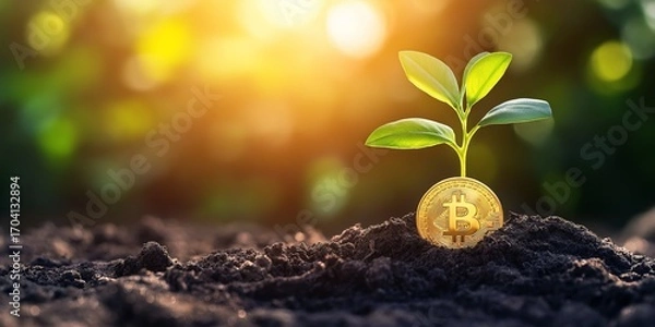 Obraz A golden bitcoin in dark soil with a young green plant symbolizes tech growth