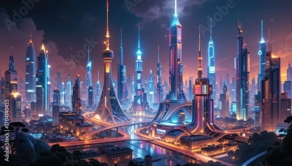 Fototapeta Futuristic Metropolis: A stylized three-dimensional representation of a contemporary cityscape that gleams with brilliant lights and streamlined structures, demonstrating the creative plans and forwar