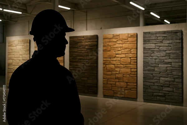 Fototapeta Silhouette of an Architect or Contractor in a Hard Hat Inspecting Stone and Brick Wall Samples in a Showroom