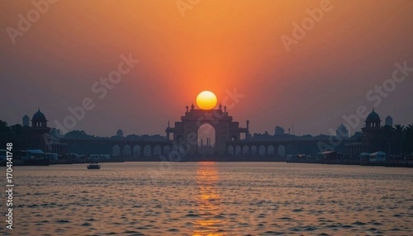 Fototapeta India's Gateway at Sunset with Reflecting Waters and a Bright Orange Sky