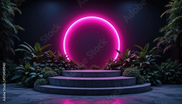 Fototapeta On a dark black background, a bright neon pink circle illuminates a modern two-tiered concrete podium surrounded by lush green greenery.