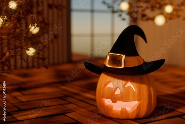 Obraz Halloween jack o'lantern wearing a witch hat indoors with warm lighting. 3d rendering