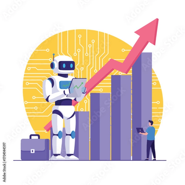 Fototapeta Robot analyzes stock market growth isolated on white background, success concept