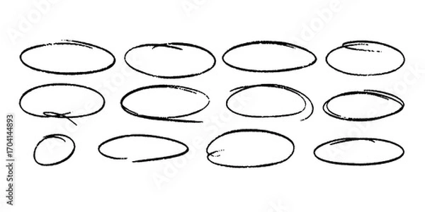 Obraz ovals and circles. Ellipses pencil doodle style set. Red round rough thin frames. Round freehand shapes, emphasis highlights. Vector elements for hand drawn diagrams 