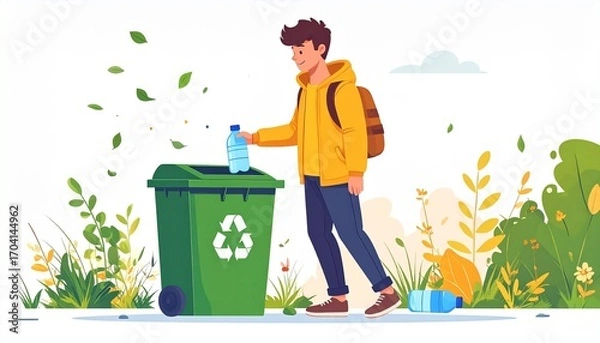 Fototapeta Young man with backpack recycling plastic bottle in green bin outdoors.
