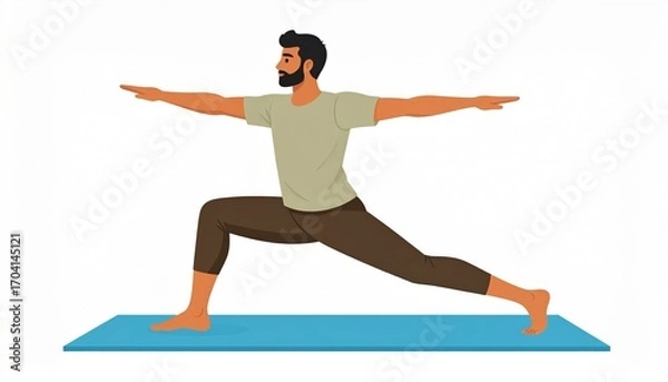 Fototapeta Man practicing yoga warrior pose on a mat.