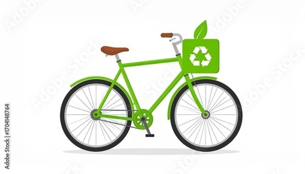 Fototapeta Green Bicycle with Recycling Symbol and Leaf Icon in Front Basket.