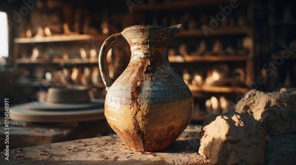 Fototapeta A Rustic Clay Jug Rests in a Potter's Workshop