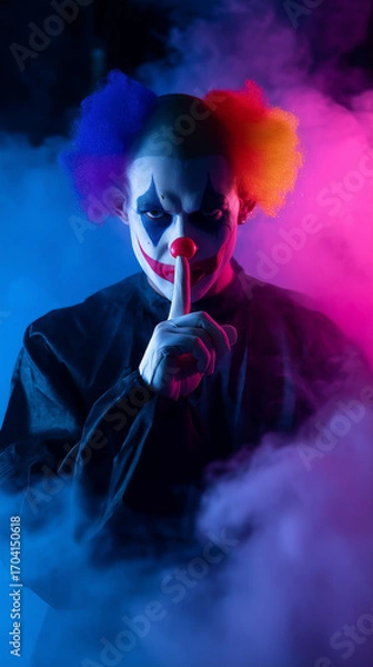 Fototapeta Creepy halloween clown with colorful wig and scary makeup making silence gesture surrounded by smoke. 
