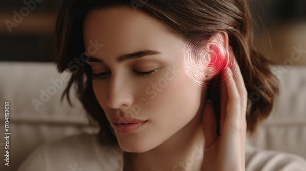 Fototapeta Young woman experiencing ear discomfort while sitting in a modern living room with soft lighting during the day