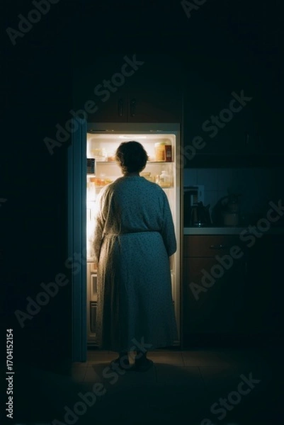 Fototapeta A person is standing in front of an open refrigerator, taking in its light in a dimly lit kitchen during the late-night hours