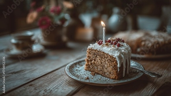 Fototapeta Delicious birthday cake slice with decorative frosting and a candle on a rustic wooden table surrounded by flowers and warm lighting