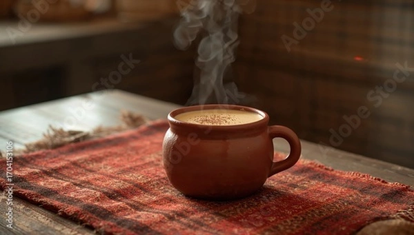 Fototapeta Steaming clay mug of sweet atol de elote on rustic textile table