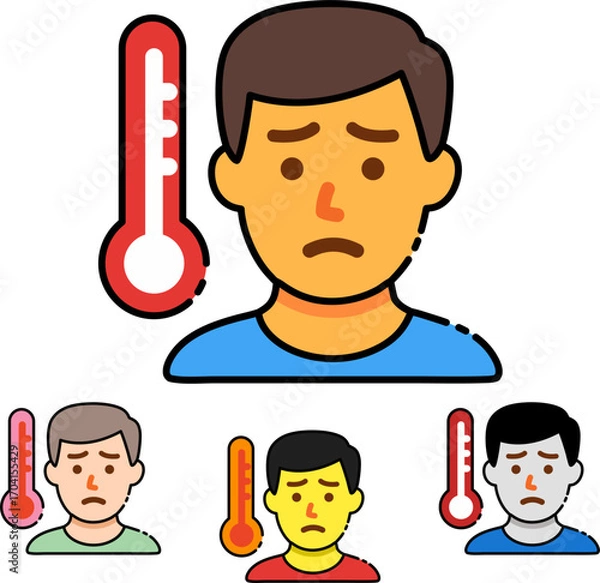 Fototapeta Illustrations of sick people with high fevers and thermometers for healthcare campaigns or medical guides, depicting contagious illness and the importance of monitoring body temperature