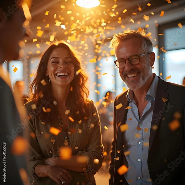 Fototapeta Excited startup business team tossing confetti and cheering, close-up faces full of joy, office environment with warm lighting, realism photography style.
