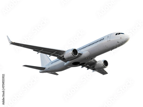 Fototapeta This clear image captures a white passenger airplane in mid-flight, seen from a low angle, with its landing gear retracted. 