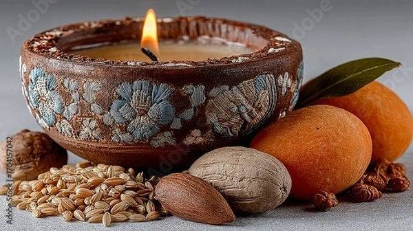 Fototapeta Traditional Clay Diya Lamp with Grains and Fruits