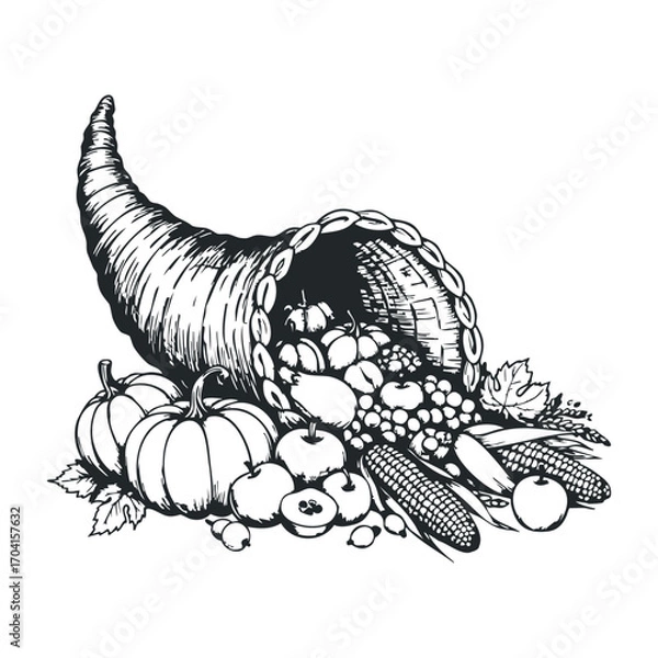 Fototapeta Harvest celebration cornucopia displaying seasonal fruits and vegetables rustic setting graphic illustration. Vector illustration