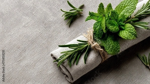 Fototapeta Rolled linen napkin adorned with fresh mint and rosemary, rustic tie