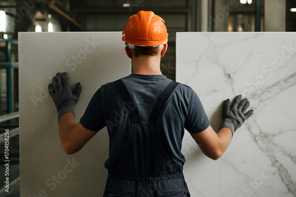 Fototapeta Male Worker in Hard Hat and Gloves Examining and Comparing Two Large Slabs of Marble and Stone in a Factory