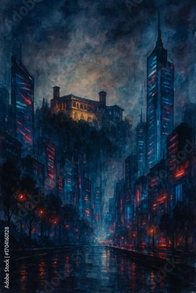 Fototapeta Night cityscape watercolor showcasing glowing buildings and a stately structure on a hill under a moody, clouded sky.